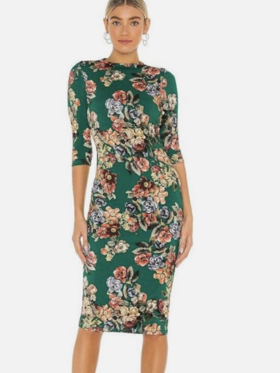 Alice + Olivia Dresses & Skirts - Alice + Olivia Teal Floral Crew Neck Fitted Dress with 3/4 Sleeves